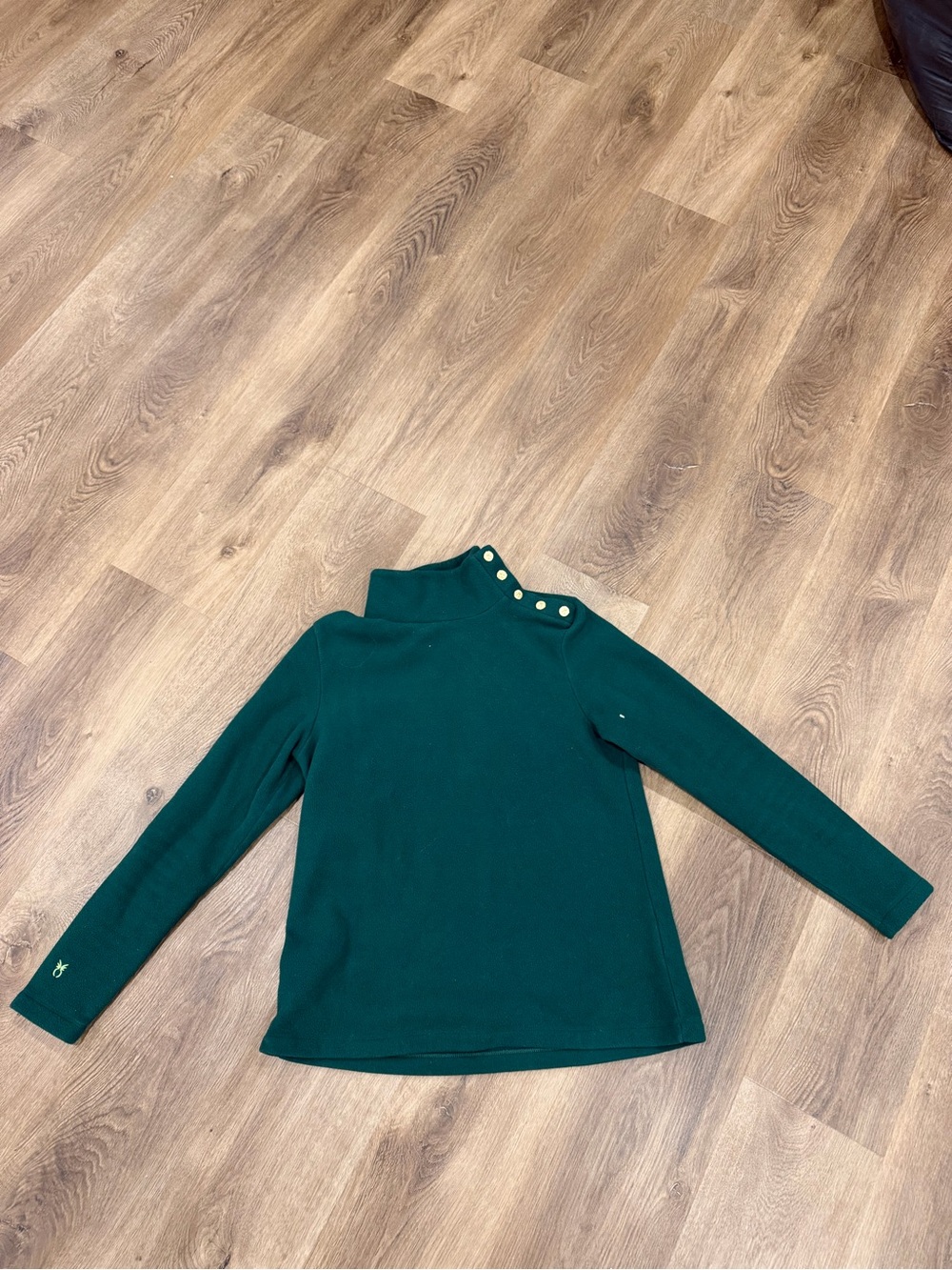 Dudley Stephan’s Womens Green Mock Neck Top with Gold Button Detail